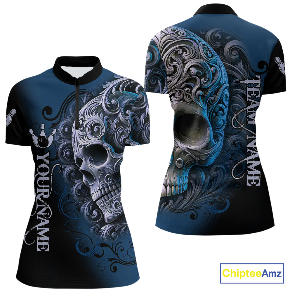 Blue and Black Skull Scroll Women Bowling Polo, Quarter Zip Shirts Custom Skull Team bowling Jersey NQS10939