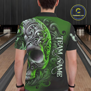 Green and Black Skull Scroll Men Bowling Polo, Quarter Zip Shirts Custom Skull Team bowling Jersey NQS10940