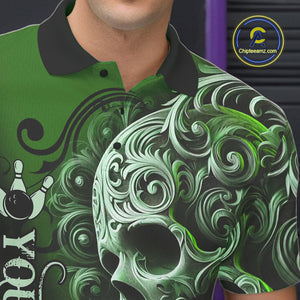 Green and Black Skull Scroll Men Bowling Polo, Quarter Zip Shirts Custom Skull Team bowling Jersey NQS10940