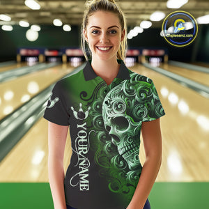 Green and Black Skull Scroll Women Bowling Polo, Quarter Zip Shirts Custom Skull Team bowling Jersey NQS10940