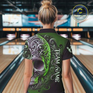 Green and Black Skull Scroll Women Bowling Polo, Quarter Zip Shirts Custom Skull Team bowling Jersey NQS10940