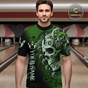 Green and Black Skull Scroll Men Bowling Polo, Quarter Zip Shirts Custom Skull Team bowling Jersey NQS10940