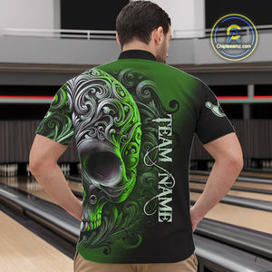 Green and Black Skull Scroll Men Bowling Polo, Quarter Zip Shirts Custom Skull Team bowling Jersey NQS10940