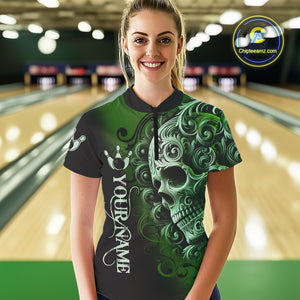 Green and Black Skull Scroll Women Bowling Polo, Quarter Zip Shirts Custom Skull Team bowling Jersey NQS10940