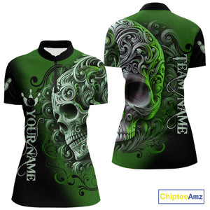 Green and Black Skull Scroll Women Bowling Polo, Quarter Zip Shirts Custom Skull Team bowling Jersey NQS10940