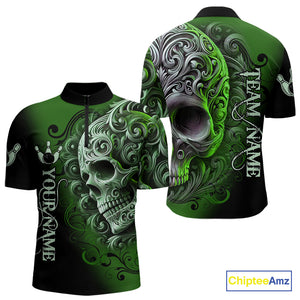 Green and Black Skull Scroll Men Bowling Polo, Quarter Zip Shirts Custom Skull Team bowling Jersey NQS10940