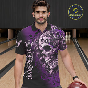 Purple and Black Skull Scroll Men Bowling Polo, Quarter Zip Shirts Custom Skull Team bowling Jersey NQS10941