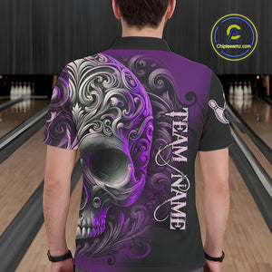 Purple and Black Skull Scroll Men Bowling Polo, Quarter Zip Shirts Custom Skull Team bowling Jersey NQS10941