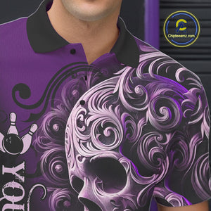 Purple and Black Skull Scroll Men Bowling Polo, Quarter Zip Shirts Custom Skull Team bowling Jersey NQS10941