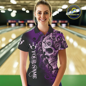 Purple and Black Skull Scroll Women Bowling Polo, Quarter Zip Shirts Custom Skull Team bowling Jersey NQS10941