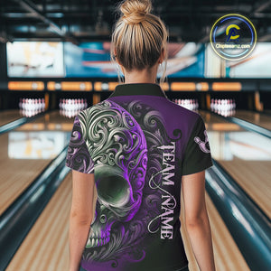Purple and Black Skull Scroll Women Bowling Polo, Quarter Zip Shirts Custom Skull Team bowling Jersey NQS10941