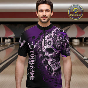 Purple and Black Skull Scroll Men Bowling Polo, Quarter Zip Shirts Custom Skull Team bowling Jersey NQS10941