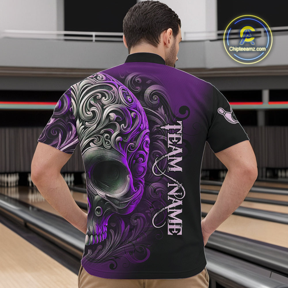 Purple and Black Skull Scroll Men Bowling Polo, Quarter Zip Shirts Custom Skull Team bowling Jersey NQS10941