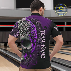 Purple and Black Skull Scroll Men Bowling Polo, Quarter Zip Shirts Custom Skull Team bowling Jersey NQS10941