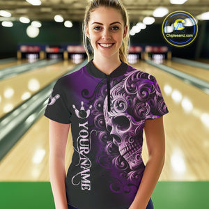 Purple and Black Skull Scroll Women Bowling Polo, Quarter Zip Shirts Custom Skull Team bowling Jersey NQS10941