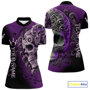 Purple and Black Skull Scroll Women Bowling Polo, Quarter Zip Shirts Custom Skull Team bowling Jersey NQS10941