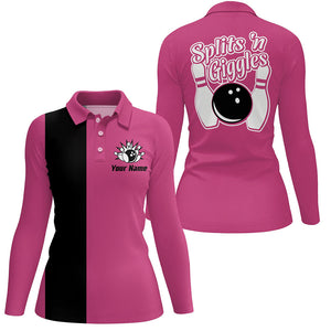 Splits 'n Giggles Bowling polo, 1/4 zip Shirt For Women Personalized Pink retro bowling Jerseys NQS9029