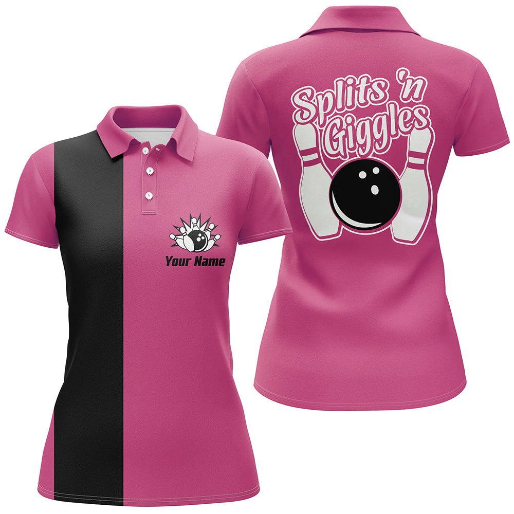 Splits 'n Giggles Bowling polo, 1/4 zip Shirt For Women Personalized Pink retro bowling Jerseys NQS9029