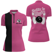 Load image into Gallery viewer, Splits &#39;n Giggles Bowling polo, 1/4 zip Shirt For Women Personalized Pink retro bowling Jerseys NQS9029