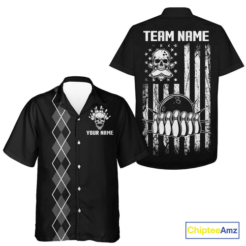 Custom Black and White argyle American Flag Skull retro Hawaiian Bowling Jersey patriotic Team shirt NQS11131