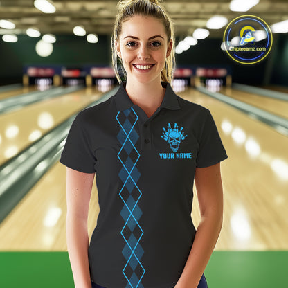 Custom Black and Blue argyle American Flag Skull retro Womens Bowling Shirts patriotic Team Jerseys NQS11132