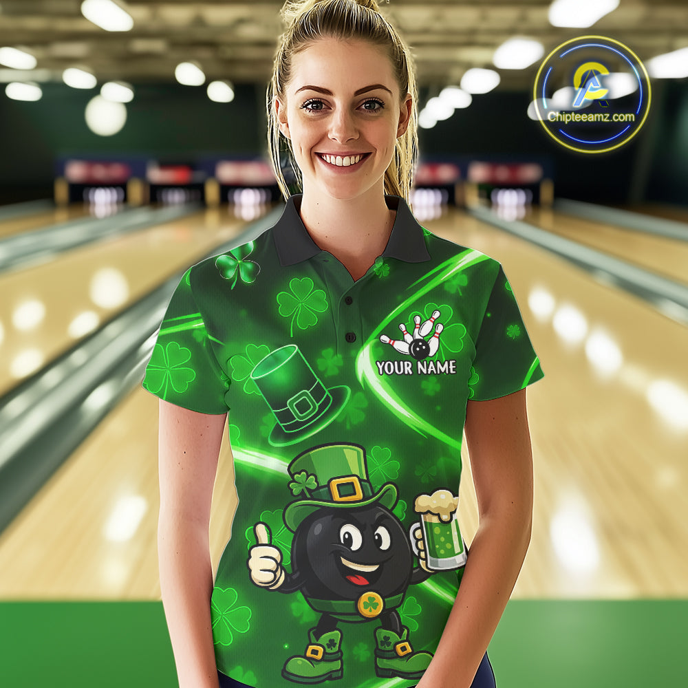 Green shamrock pattern Funny Bowling Shirts For Women Custom St Patrick Day Lucky Team Bowling Jersey NQS11133