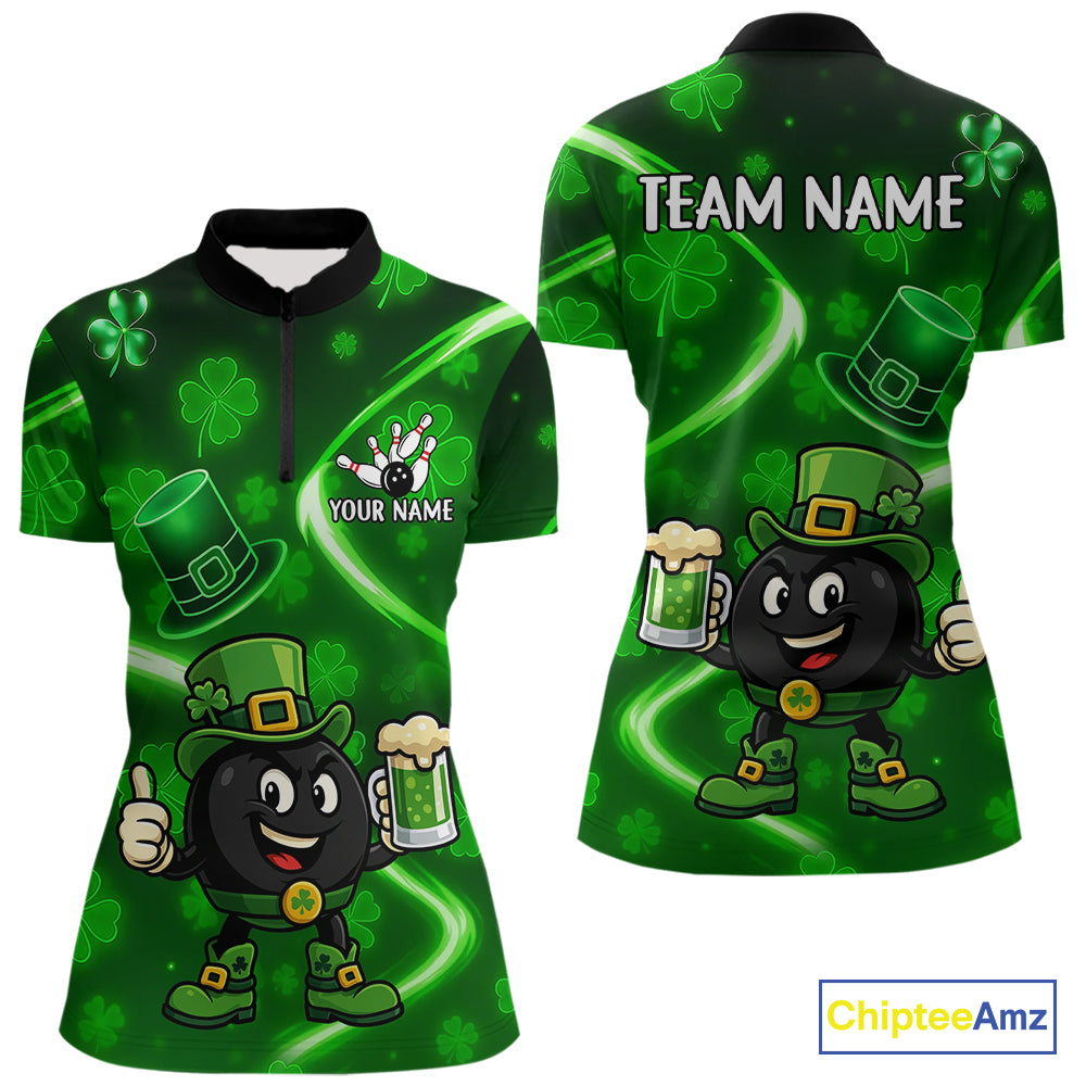 Green shamrock pattern Funny Bowling Shirts For Women Custom St Patrick Day Lucky Team Bowling Jersey NQS11133