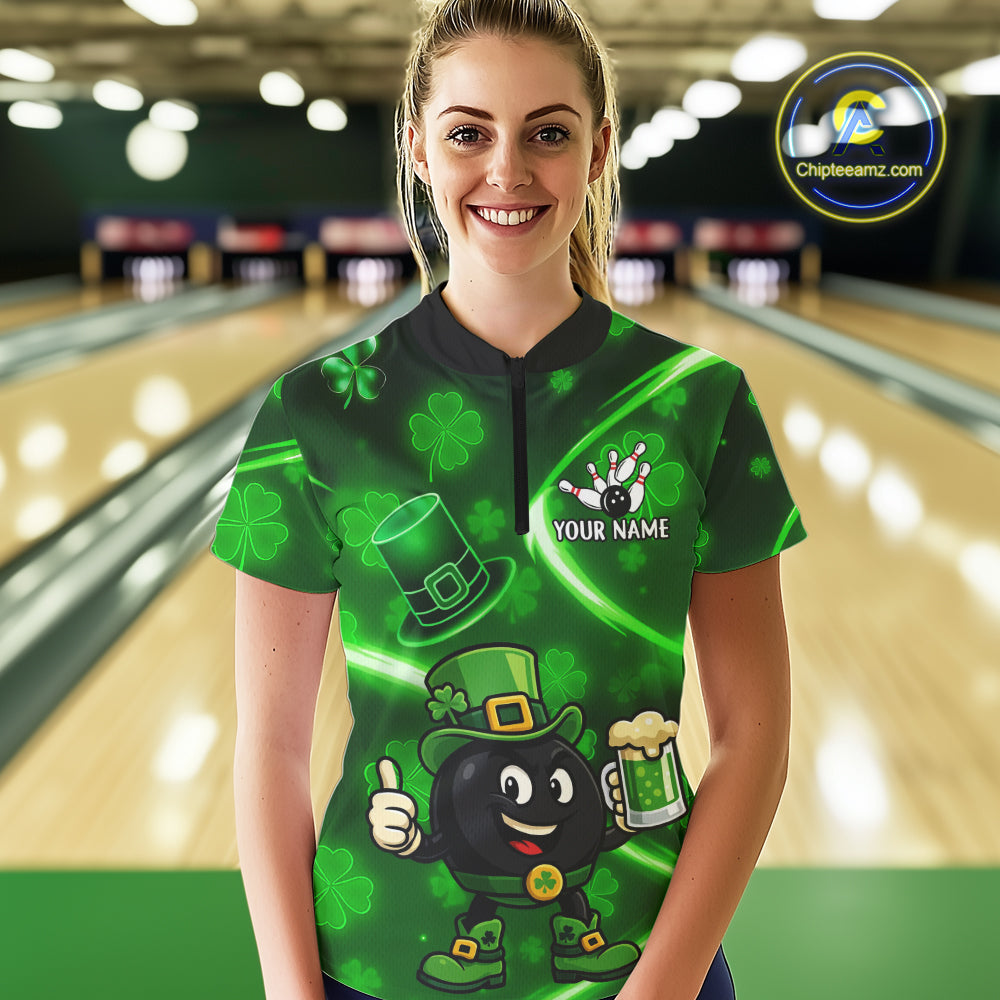 Green shamrock pattern Funny Bowling Shirts For Women Custom St Patrick Day Lucky Team Bowling Jersey NQS11133
