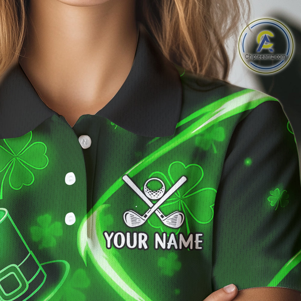 Green shamrock pattern Funny Women Golf Polo Shirts Custom St Patrick's Day Lucky ladies golf outfit NQS11134