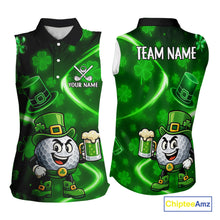 Load image into Gallery viewer, Green shamrock pattern Funny Sleeveless polo shirt Custom St Patrick&#39;s Day Lucky ladies golf outfit NQS11134