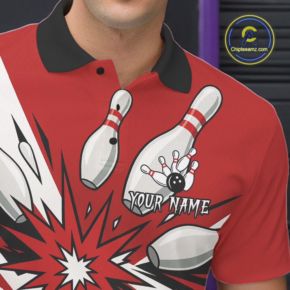 Custom Red Bowling Polo, Quarter Zip Shirts For Men, Team Bowling Uniforms League Shirts NQS11135