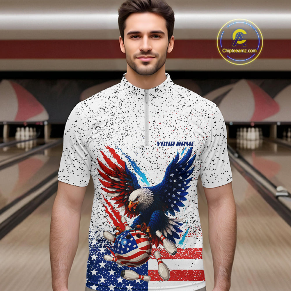 Grunge American Flag Eagle Bowling Polo, 1/4 Zip Shirt For Men Custom patriotic Team Bowling jerseys NQS11327