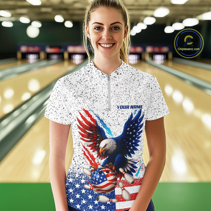 Grunge American Flag Eagle Bowling Polo, 1/4 Zip Shirt For Women Custom patriotic Team Bowling jersey NQS11327