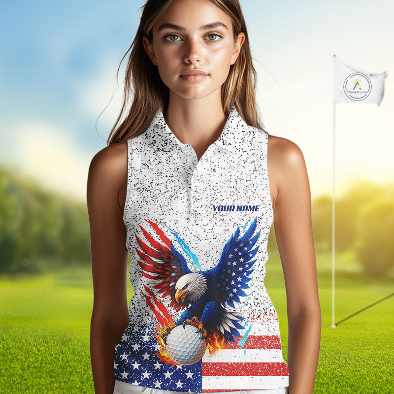 Grunge American Flag Eagle Women Sleeveless polo shirt Custom patriotic Team Golf Attire NQS11328