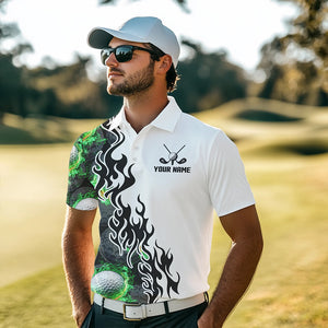 Green Flame Golf Ball pattern fire Black and White Mens golf polos shirts custom golf attire for men NQS9435