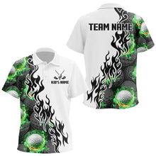 Load image into Gallery viewer, Green Flame Golf Ball pattern fire Black and White Kid golf polos shirts custom golf attire for Kid NQS9435