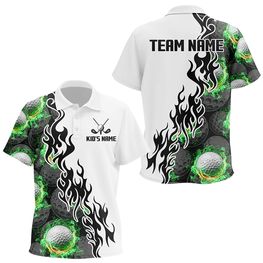 Green Flame Golf Ball pattern fire Black and White Kid golf polos shirts custom golf attire for Kid NQS9435