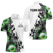 Load image into Gallery viewer, Green Flame Golf Ball pattern fire Black and White Mens golf polos shirts custom golf attire for men NQS9435