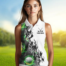 Load image into Gallery viewer, Green Flame Golf Ball pattern Black White Womens sleeveless polo shirts custom golf attire for women NQS9435