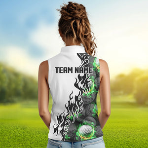 Green Flame Golf Ball pattern Black White Womens sleeveless polo shirts custom golf attire for women NQS9435