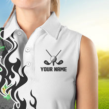 Load image into Gallery viewer, Green Flame Golf Ball pattern Black White Womens sleeveless polo shirts custom golf attire for women NQS9435