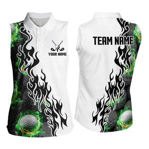 Green Flame Golf Ball pattern Black White Womens sleeveless polo shirts custom golf attire for women NQS9435