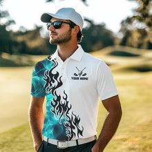 Load image into Gallery viewer, Blue Turquoise Flame pattern Black and White Mens golf polos shirts custom golf attire for men NQS9436