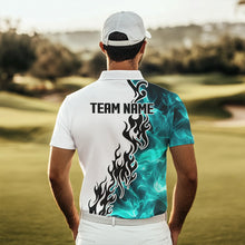 Load image into Gallery viewer, Blue Turquoise Flame pattern Black and White Mens golf polos shirts custom golf attire for men NQS9436