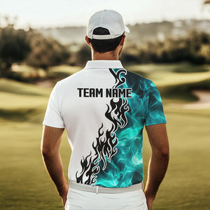 Blue Turquoise Flame pattern Black and White Mens golf polos shirts custom golf attire for men NQS9436