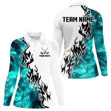 Load image into Gallery viewer, Blue Turquoise Flame pattern Black and White Womens golf polos shirts custom golf attire for women NQS9436