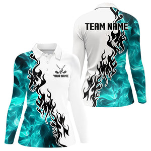 Blue Turquoise Flame pattern Black and White Womens golf polos shirts custom golf attire for women NQS9436