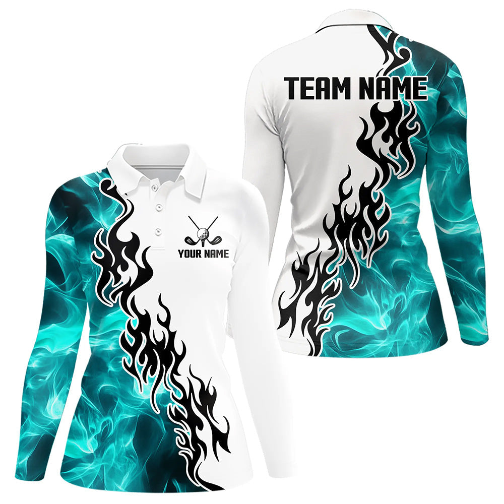 Blue Turquoise Flame pattern Black and White Womens golf polos shirts custom golf attire for women NQS9436