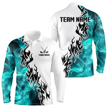 Load image into Gallery viewer, Blue Turquoise Flame pattern Black and White Mens golf polos shirts custom golf attire for men NQS9436