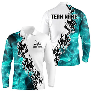 Blue Turquoise Flame pattern Black and White Mens golf polos shirts custom golf attire for men NQS9436